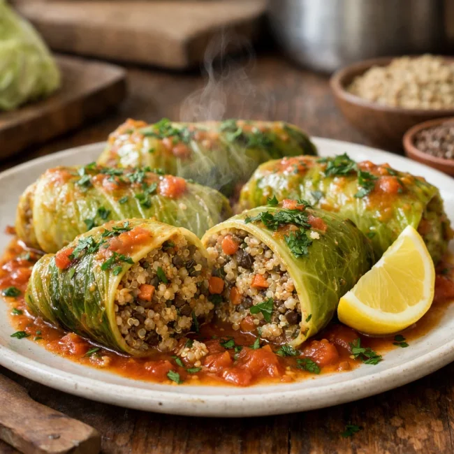 Savory Quinoa & Lentil Stuffed Cabbage Rolls