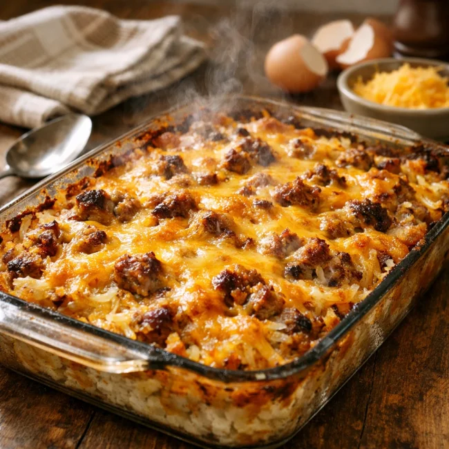 Savory Sausage & Cheddar Hashbrown Casserole