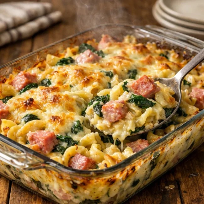 Savory Spinach and Ham Noodle Casserole