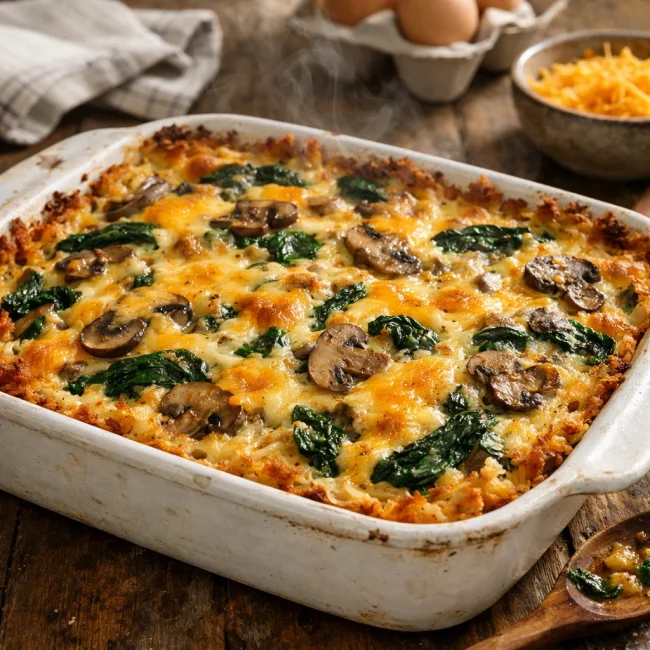 Savory Spinach and Mushroom Hash Brown Casserole
