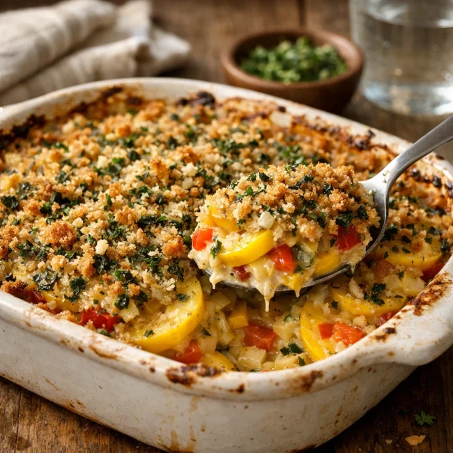 Savory Yellow Squash Casserole with Herb Crunch