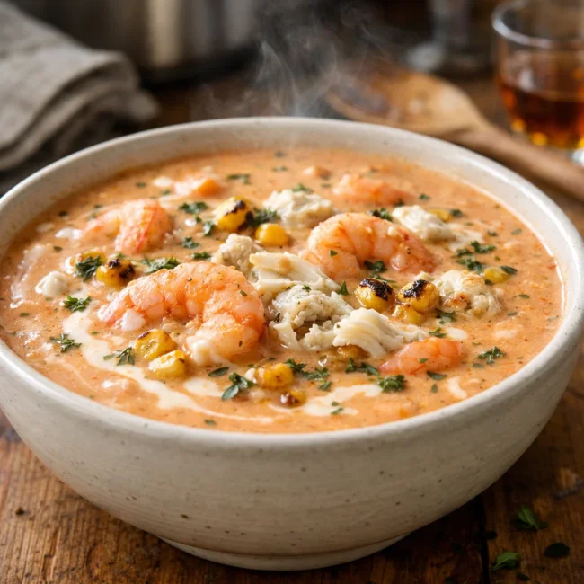 Shrimp and Crab Bisque with Roasted Corn