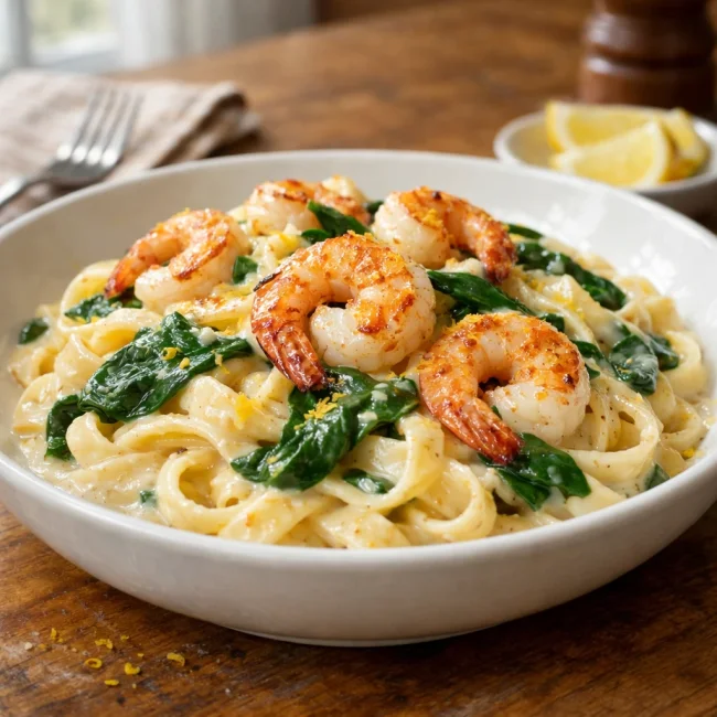 Shrimp and Spinach Alfredo with Lemon Zest