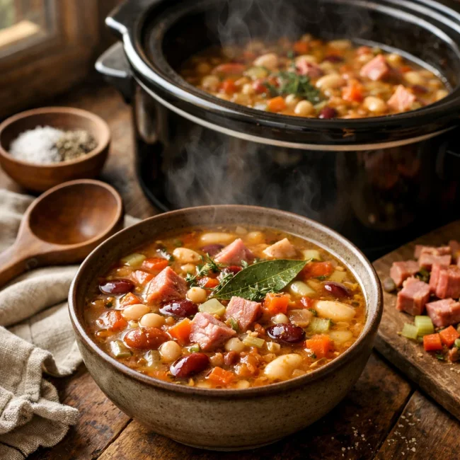 Slow Cooker Ham and Hearty Bean Soup
