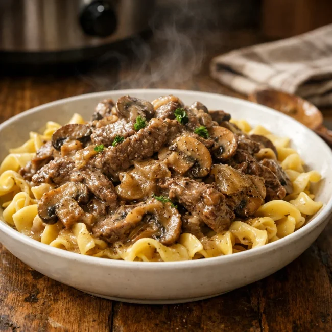 Slow Cooker Mushroom and Onion Beef Stroganoff