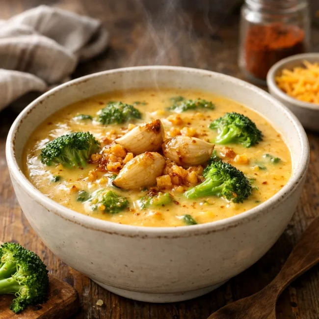 Smoky Broccoli Cheddar Soup with Roasted Garlic