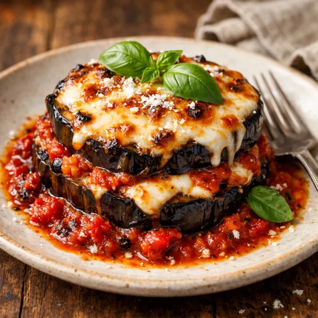 Smoky Eggplant Parmesan with Roasted Red Pepper Sauce