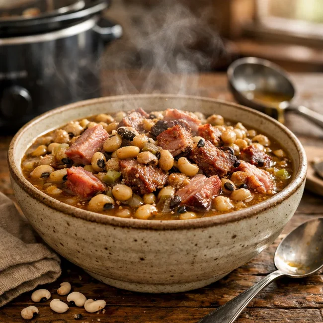 Smoky Slow Cooker Black Eyed Peas and Ham