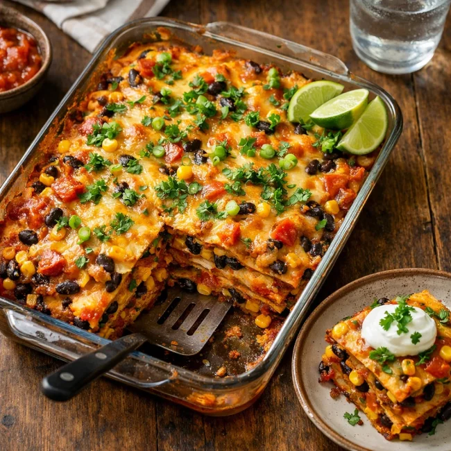 Southwest Black Bean Tortilla Casserole