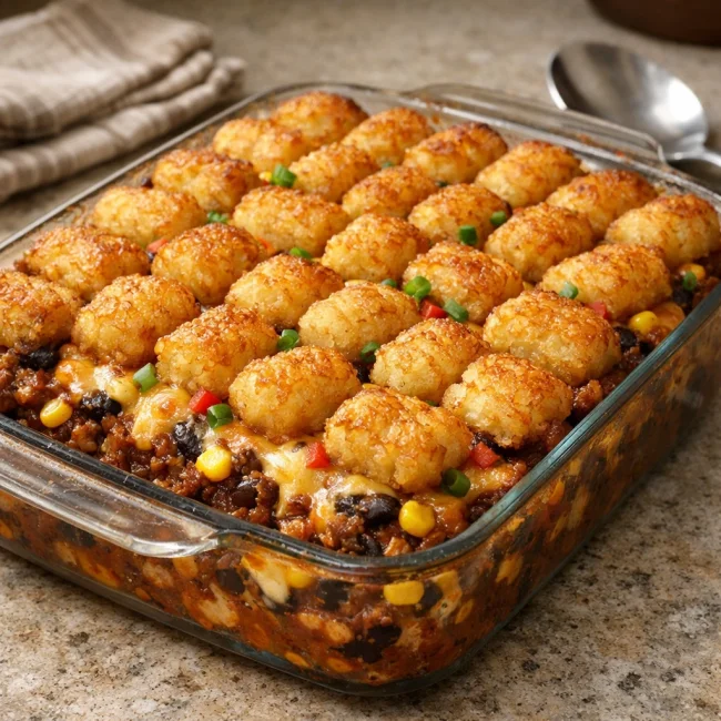 Southwestern Tater Tot Casserole with Black Beans and Corn