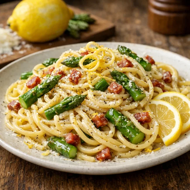 Spaghetti alla Carbonara with Lemon and Asparagus