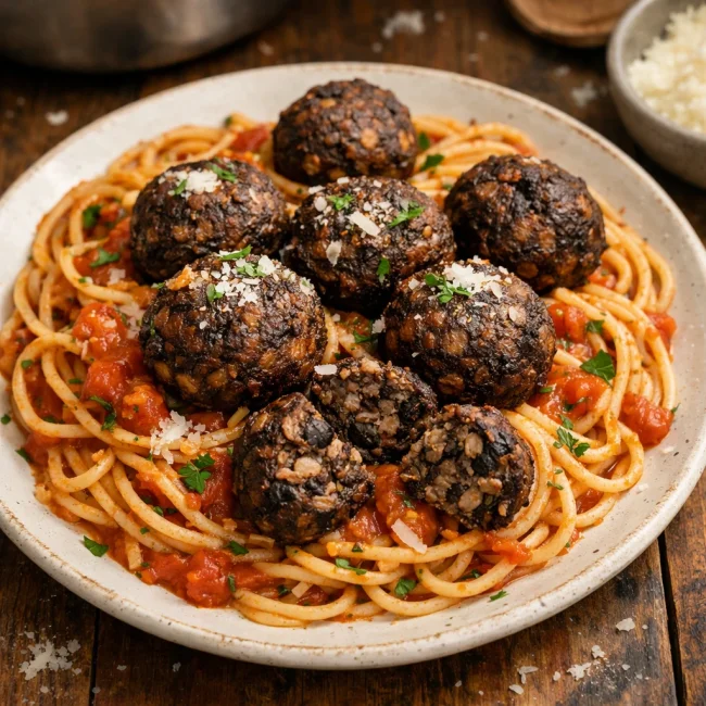 Spaghetti and Smoky Black Bean Meatballs