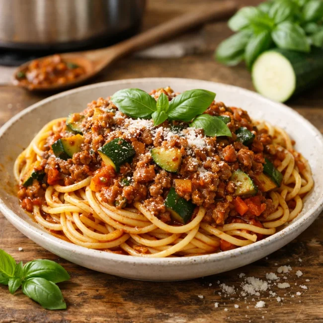 Spaghetti Bolognese with Zucchini and Basil