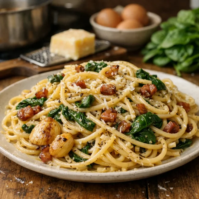 Spaghetti Carbonara with Roasted Garlic and Spinach