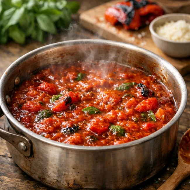 Spaghetti Sauce with Roasted Red Peppers and Basil