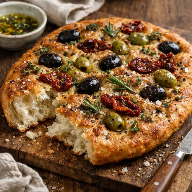Spiced Herb Focaccia with Olives and Sun-dried Tomatoes