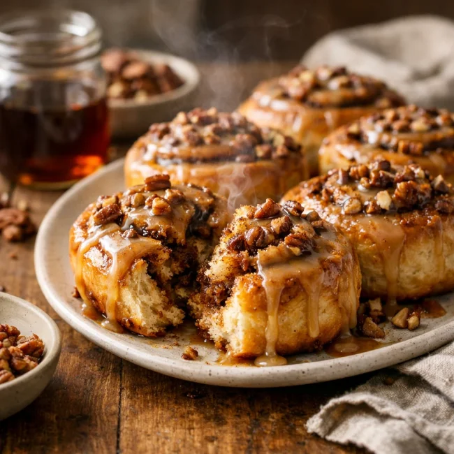 Spiced Maple Pecan Cinnamon Rolls