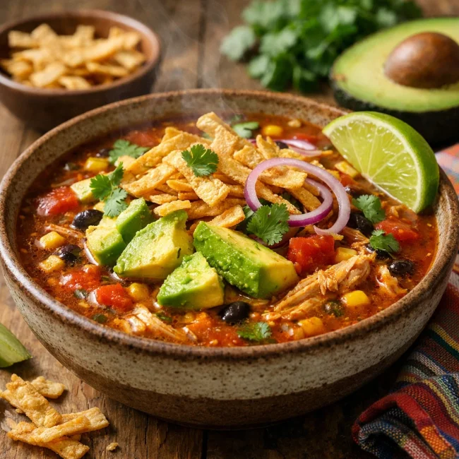 Spicy Avocado Chicken Tortilla Soup
