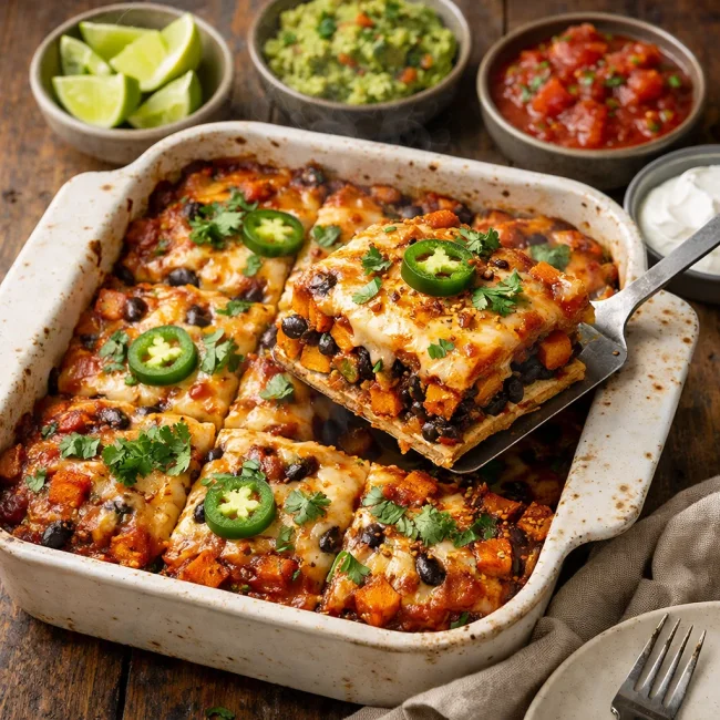 Spicy Black Bean and Sweet Potato Enchilada Casserole