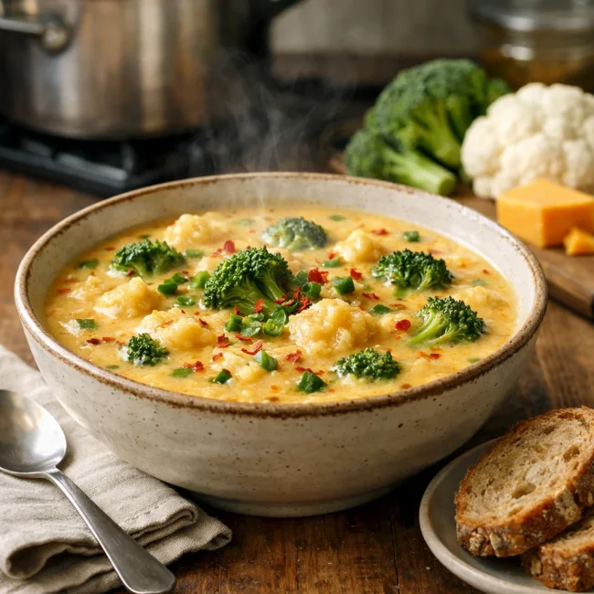 Spicy Broccoli Cheddar and Cauliflower Soup