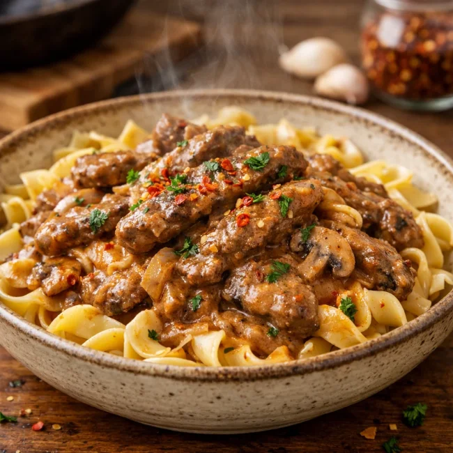 Spicy Garlic Beef Stroganoff