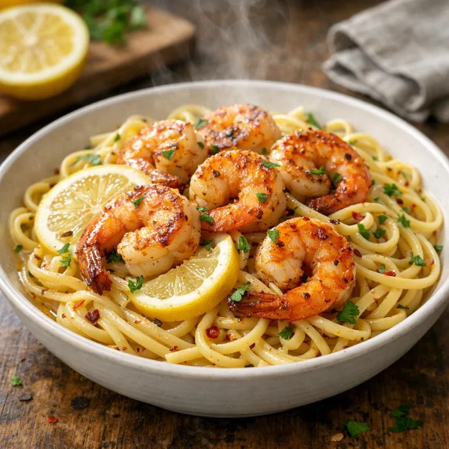 Spicy Lemon Garlic Shrimp Pasta