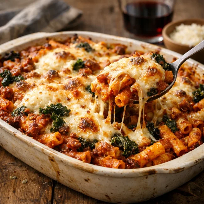 Spicy Sausage and Kale Baked Ziti