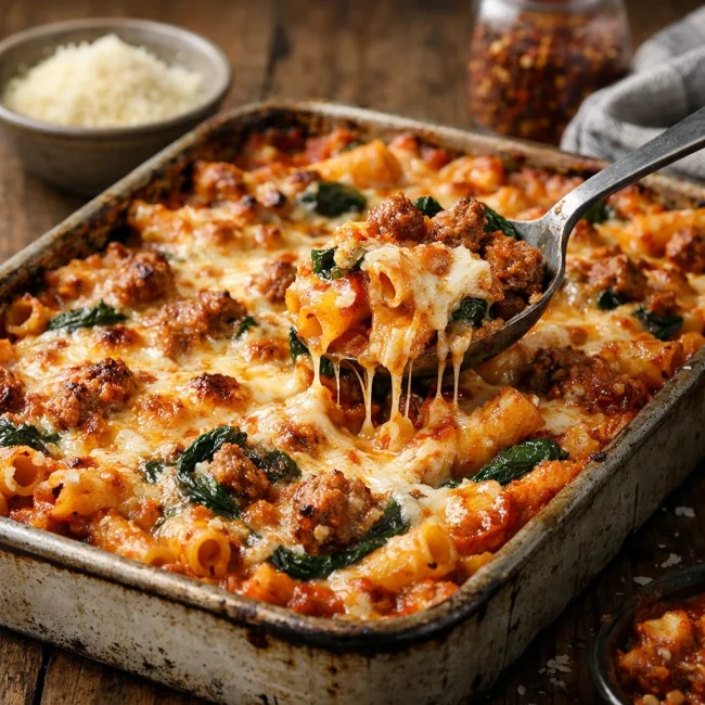 Spicy Sausage and Spinach Baked Ziti