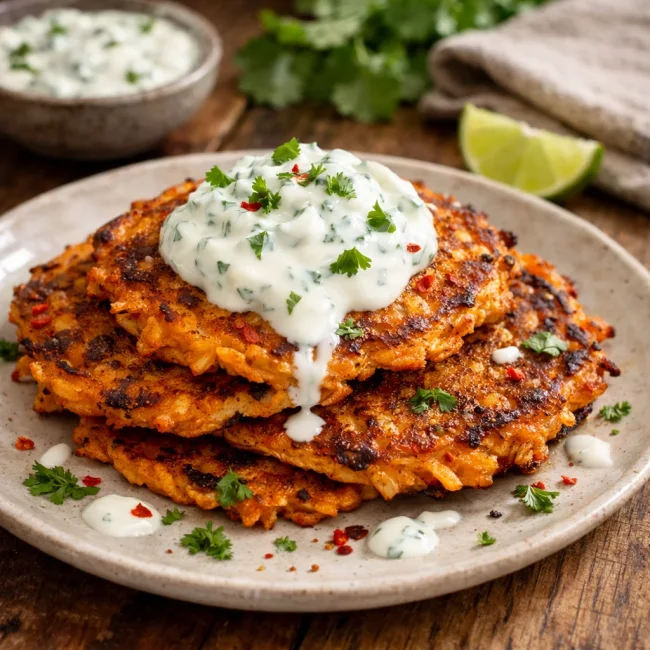 Spicy Sweet Potato Pancakes with Cilantro Yogurt