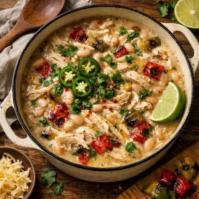 Spicy White Chicken Chili with Roasted Peppers