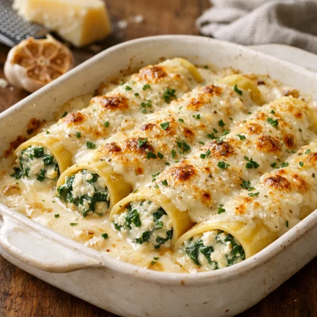 Spinach and Ricotta Stuffed Manicotti with Roasted Garlic Alfredo