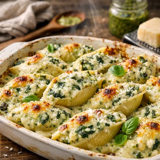 Spinach and Ricotta Stuffed Shells with Pesto Alfredo