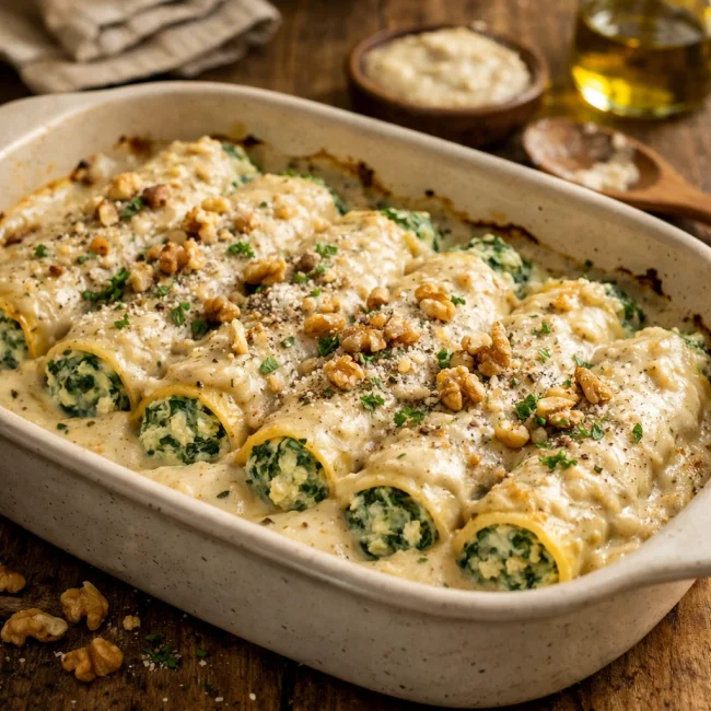 Spinach Ricotta Manicotti with Walnut Cream Sauce