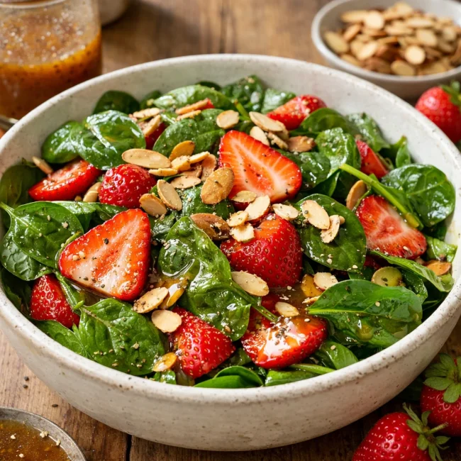 Strawberry Spinach Salad with Maple Almond Dressing