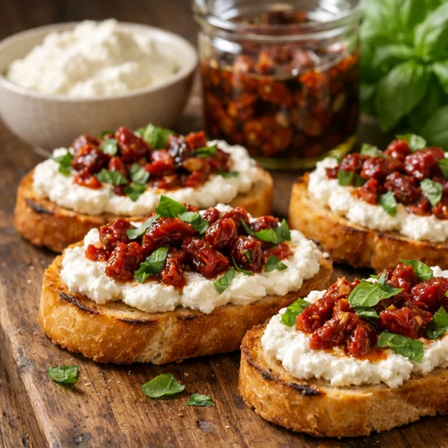 Sun-Dried Tomato and Basil Ricotta Bruschetta