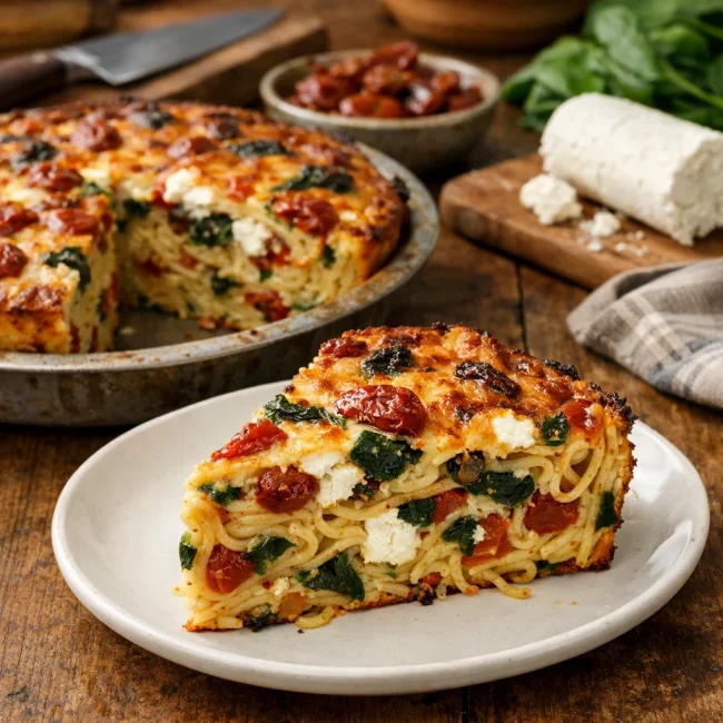 Sun-Dried Tomato and Spinach Spaghetti Pie