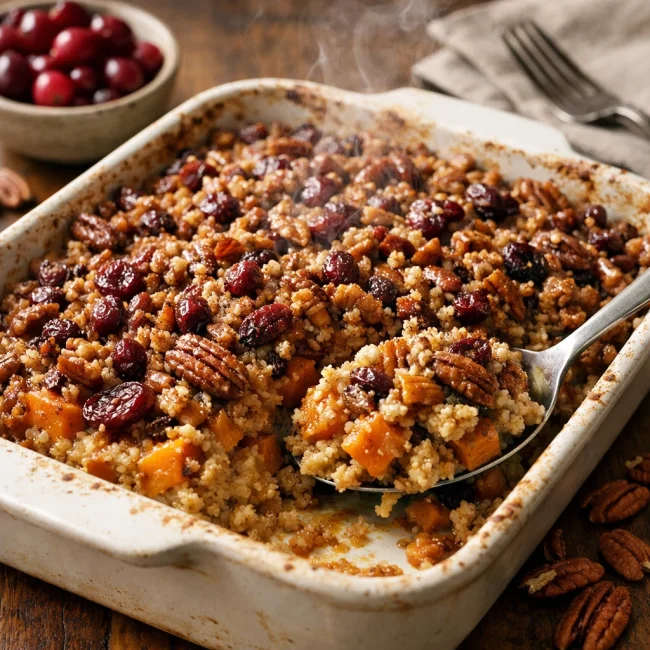 Sweet Potato & Quinoa Casserole with Cranberry Pecan Crust