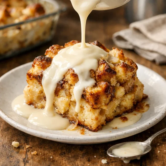 Traditional Bread Pudding with Cream Sauce
