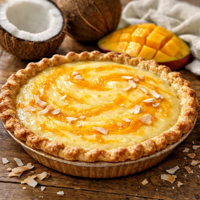 Tropical Coconut Custard Pie with Mango Swirl