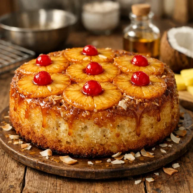 Tropical Coconut Rum Pineapple Upside-Down Cake