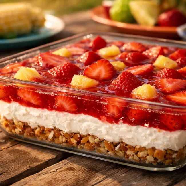 Tropical Strawberry Pretzel Salad