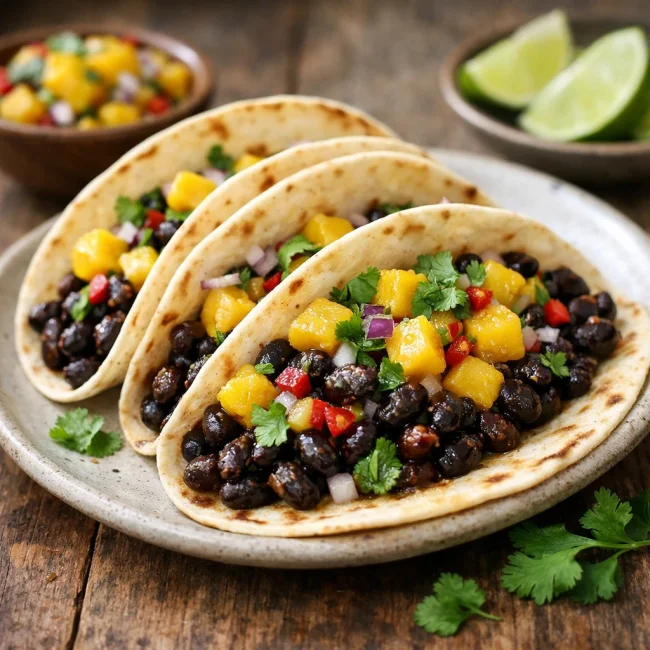 Vegan Tacos with Black Beans and Mango Salsa