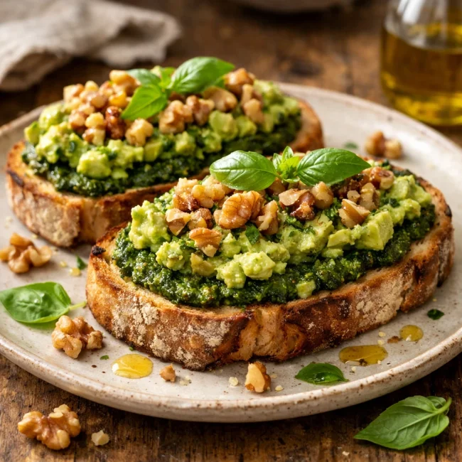 Walnut Pesto Avocado Bruschetta
