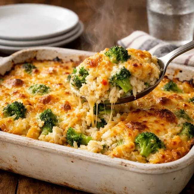 Zesty Broccoli Cheese Rice Casserole