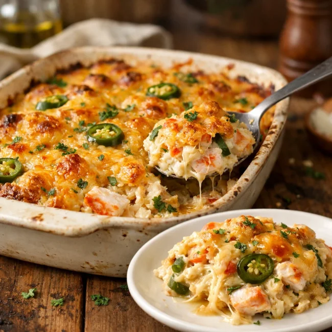 Zesty Crab Casserole with Cheddar and Jalapeños