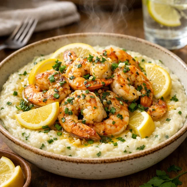 Zesty Lemon Garlic Shrimp and Creamy Herb Grits