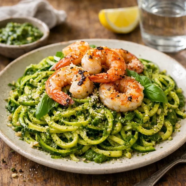 Zucchini Noodles with Pesto and Grilled Shrimp